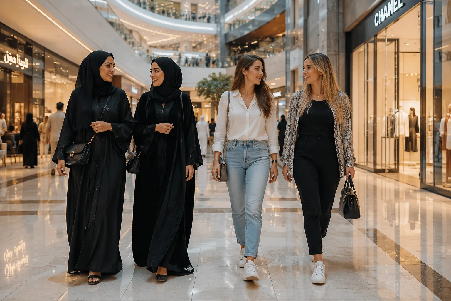 Zwei Frauen in schwarzer Abaya und zwei Frauen in Jeans und Bluse gehen nebeneinander durch eine Einkaufspassage in Dubai