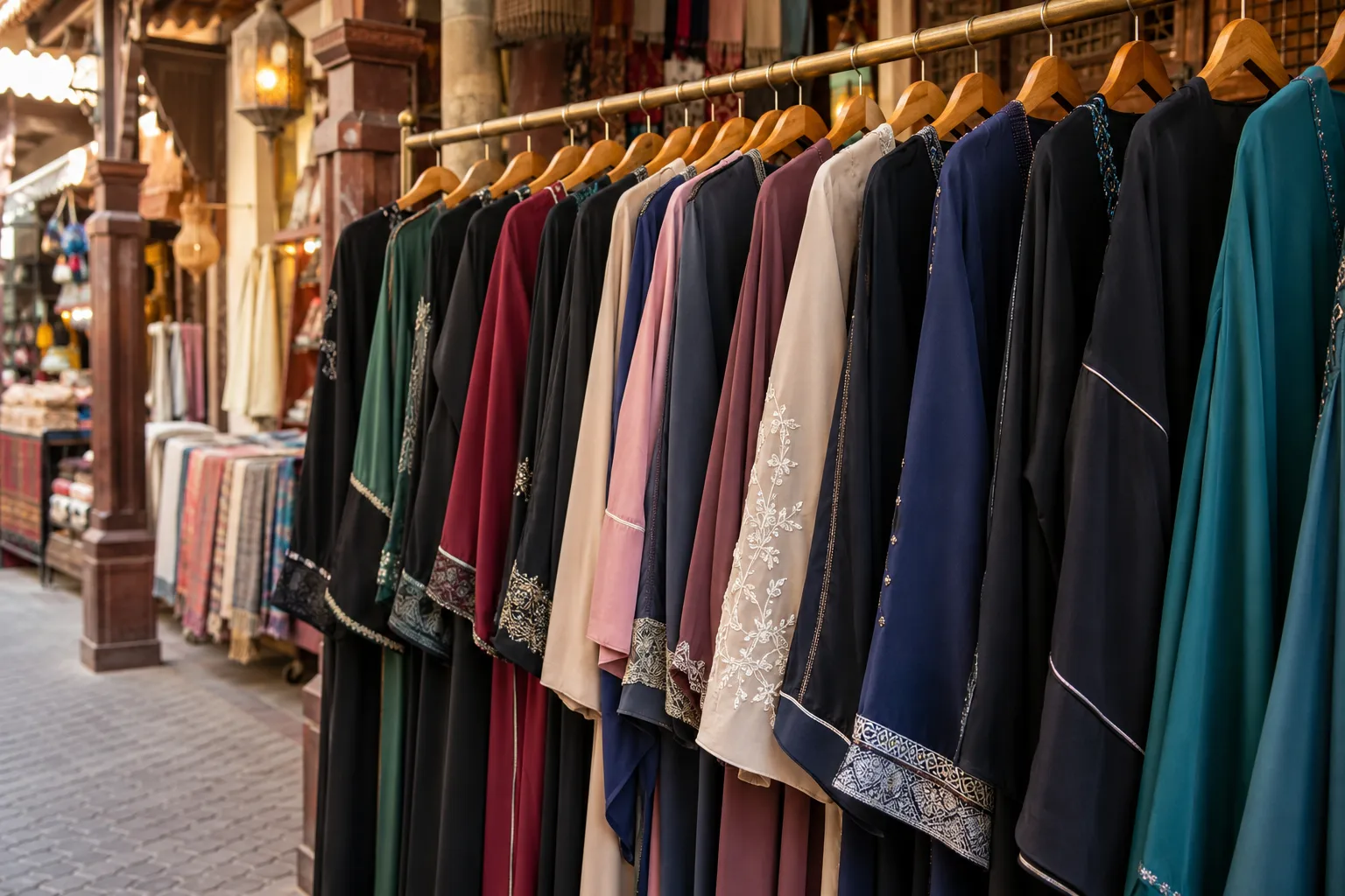 Eine dicht behängte Kleiderstange mit Abayas in Schwarz, Grün, Bordeaux, Rosé, Beige, Marineblau und Petrol, viele mit Stickereien und Bordüren an den Säumen; im Hintergrund die Stände einer überdachten Souk-Gasse