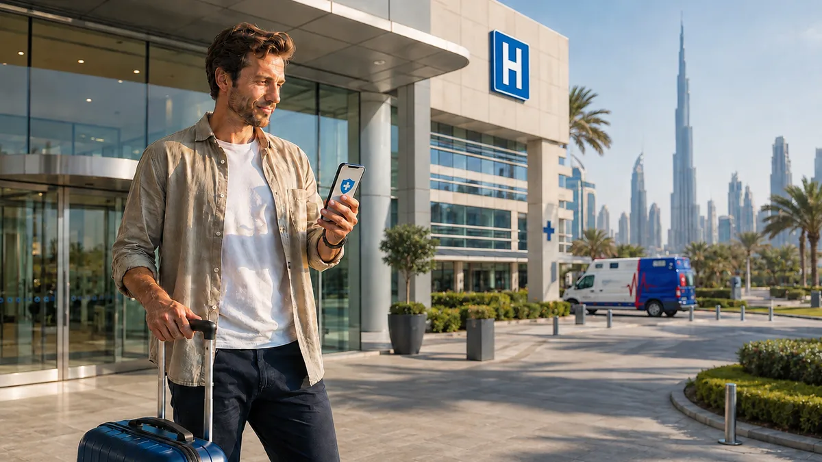 Reisender mit Rollkoffer vor einem Krankenhaus in Dubai schaut auf sein Smartphone, im Hintergrund ein Rettungswagen und die Skyline mit dem Burj Khalifa