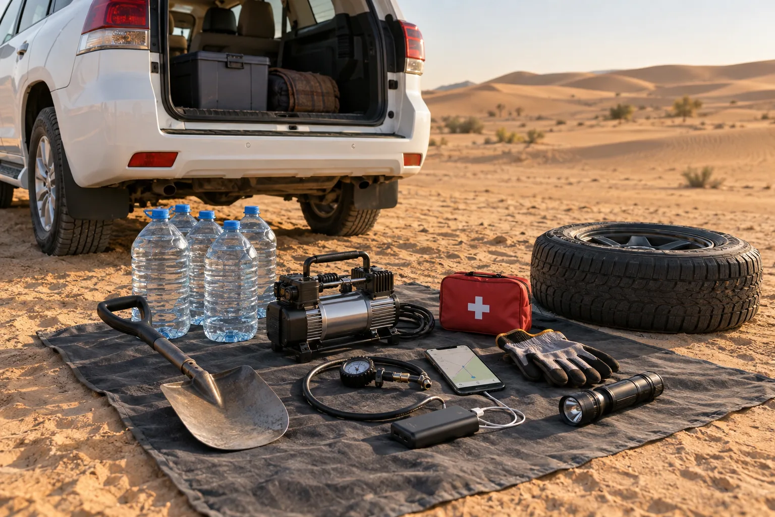 Hinter einem weißen Geländewagen mit offener Heckklappe liegt Wüstenausrüstung auf einer Plane: Wasserflaschen, eine Schaufel, ein Kompressor, ein Reifendruckmesser, ein Smartphone mit Karte an einer Powerbank, eine Erste-Hilfe-Tasche, Handschuhe, eine Taschenlampe und ein Ersatzreifen