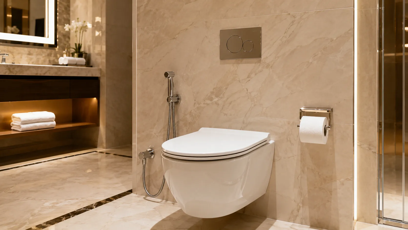 Helles Hotelbadezimmer aus beigem Marmor mit wandhängendem WC: links die Handbrause am Schlauch, rechts eine Rolle Toilettenpapier im verchromten Halter; im Hintergrund Waschtisch, beleuchteter Spiegel und gestapelte weiße Handtücher