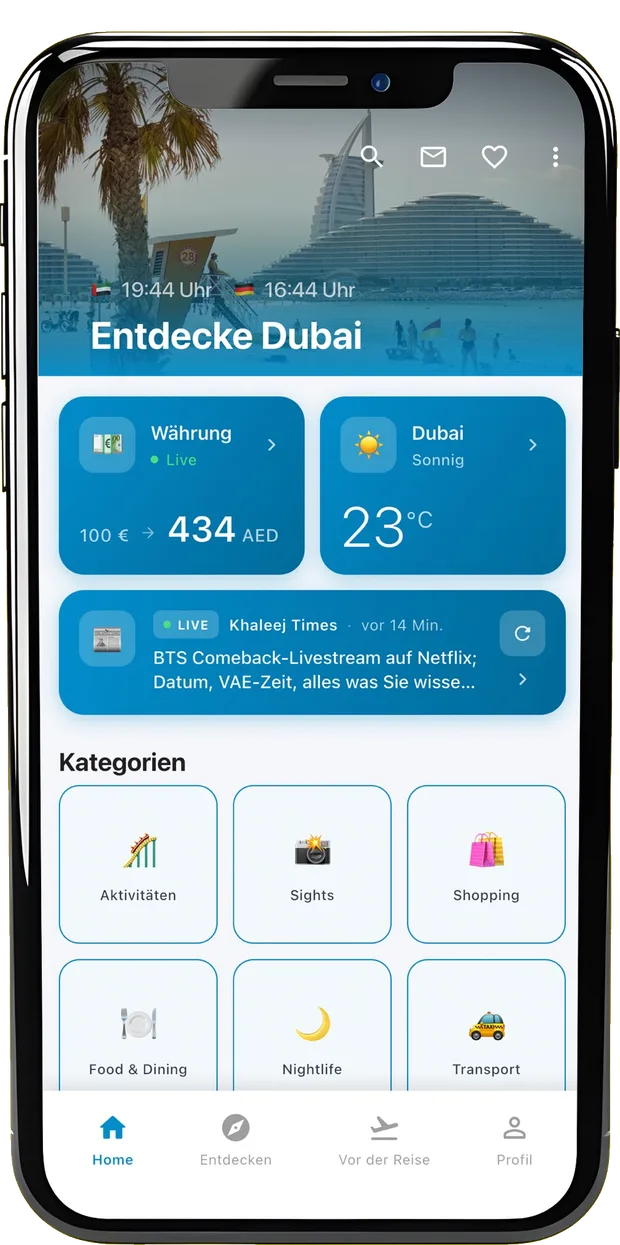 Startbildschirm der App Dubai Insider mit Währungsrechner, Wetter und Kategorien