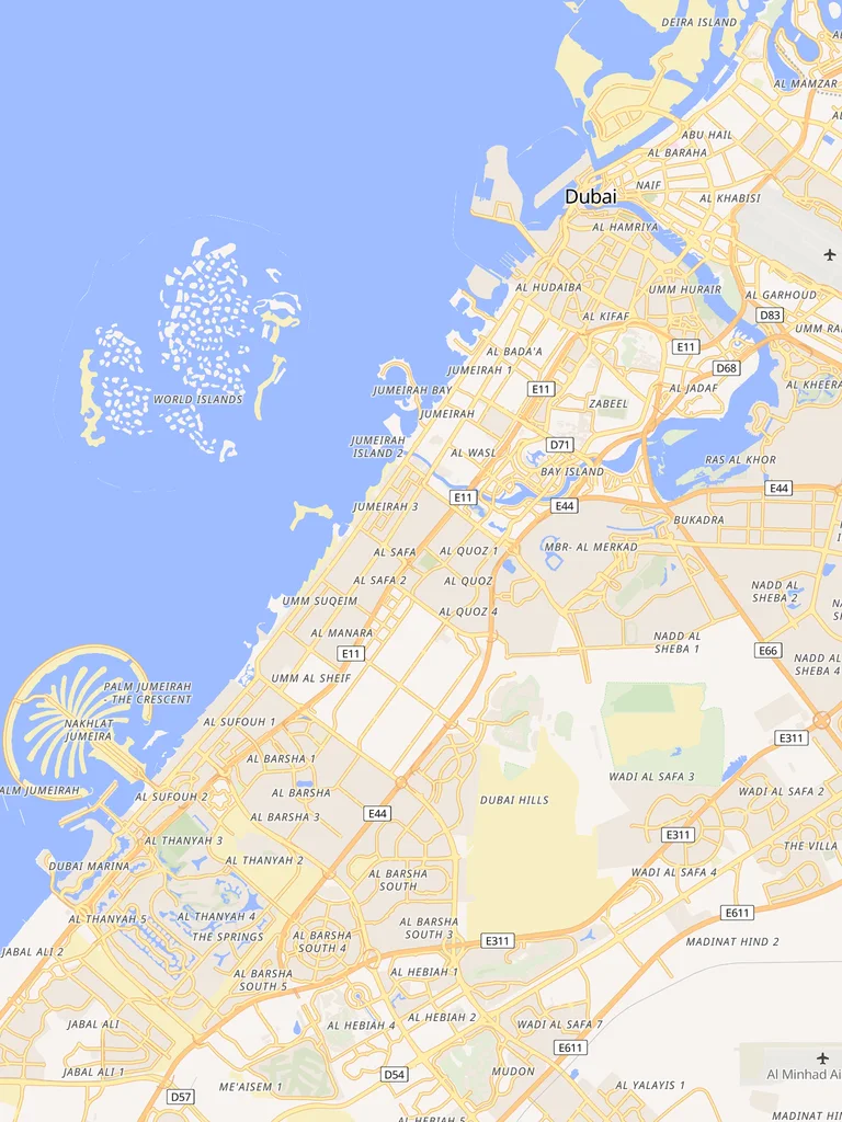 Karte von Dubai mit den 18 beschriebenen Stadtgebieten