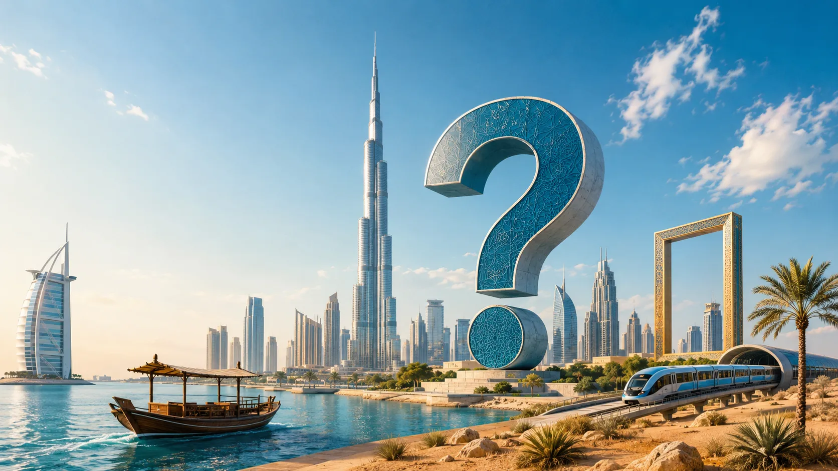 Ein haushohes Fragezeichen aus hellem Stein mit blauem Fliesenmuster steht zwischen den Wolkenkratzern von Dubai, links der Burj Khalifa, rechts der Dubai Frame, im Vordergrund ein Abra-Holzboot und eine Metro