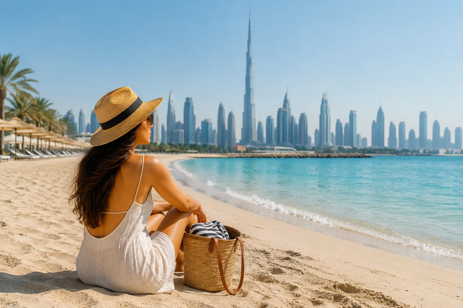Frau mit Strohhut sitzt allein am Strand und blickt auf das türkisfarbene Wasser und die Skyline von Dubai