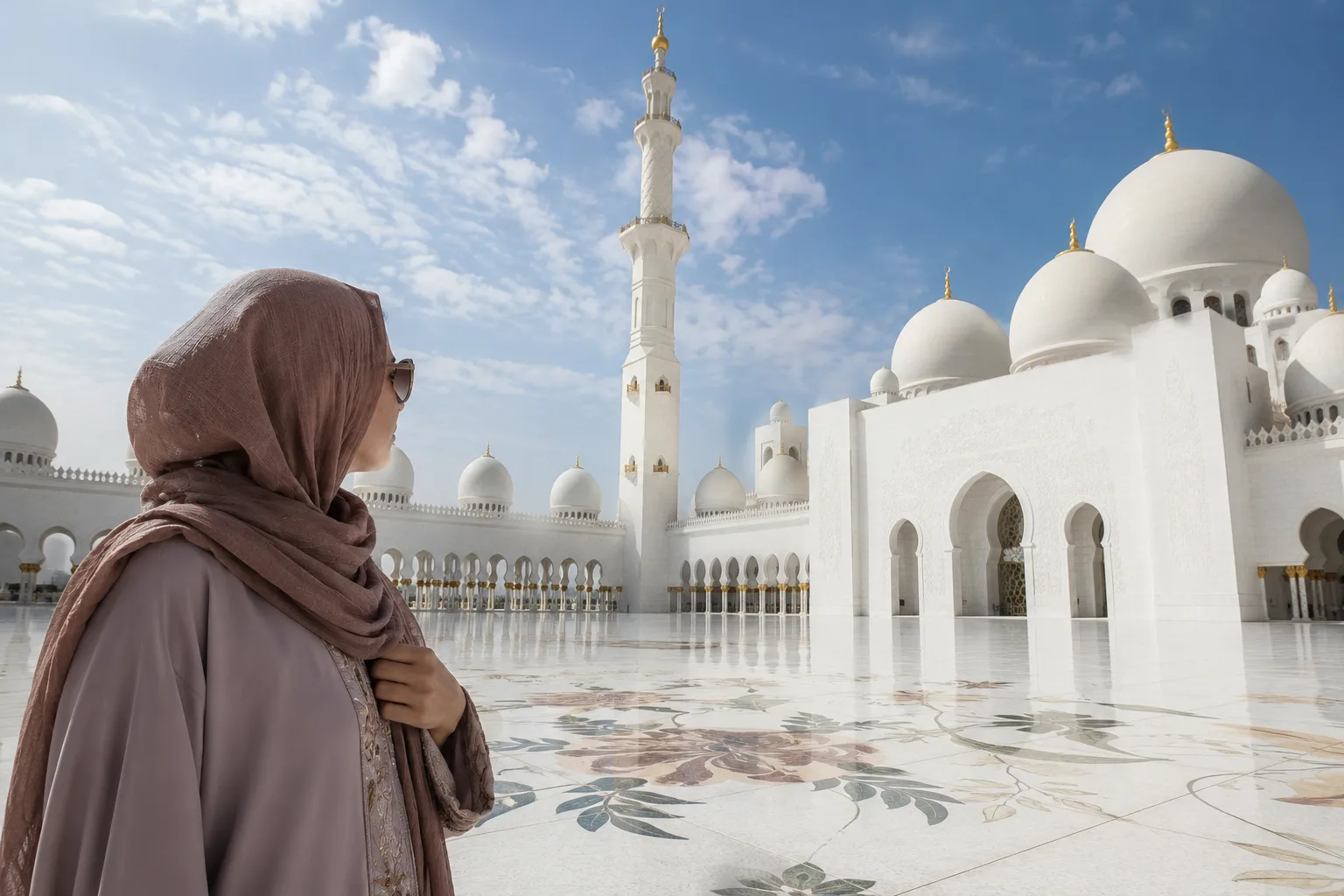 Besucherin mit braunem Kopftuch von hinten, vor ihr die weißen Kuppeln und Minarette der Scheich-Zayid-Moschee
