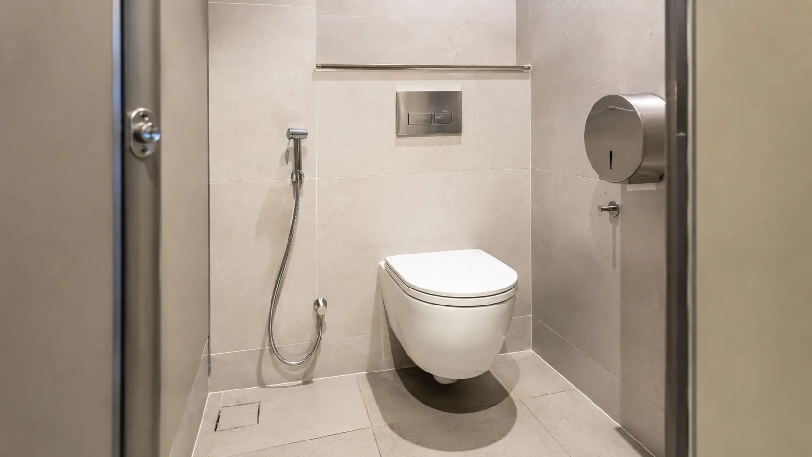 Kabine einer öffentlichen Toilette mit grauen Fliesen: wandhängendes WC, links die Handbrause am Schlauch, im Boden davor ein Ablauf, rechts ein Papierspender aus Edelstahl