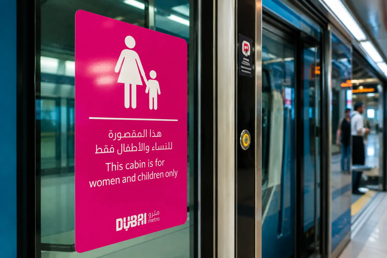 Pinkes Schild an einer Tür der Dubai Metro mit der Aufschrift „This cabin is for women and children only"